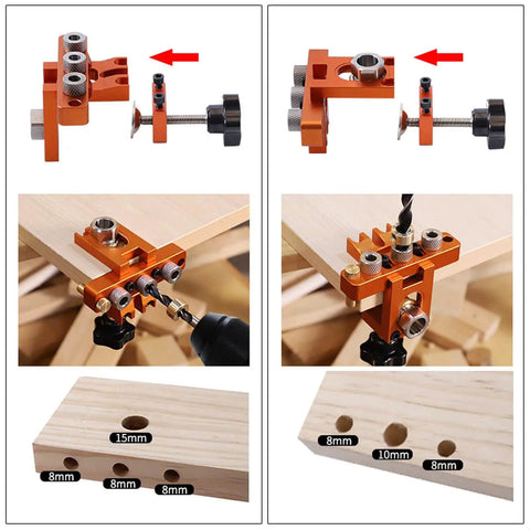 3 In 1 Doweling Jig Kit With Clear Engraved Scale Drilling Locator Puncher For Woodworking And Furniture Assembly, shown with auxiliary punch plate and hole sizes.