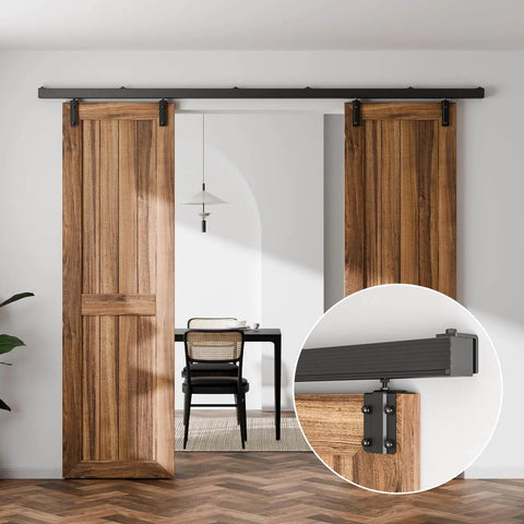 10ft Box Rail Sliding Library Barn Door Hardware Kit for Wall Mount Double Doors, installed view with heavy duty black exterior box track system.