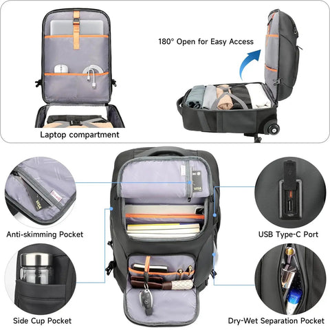 Two In One Rolling Backpack With Wheels And Backpack Convertible Design For Travel And Work Fits 17 Inch Laptop with compartments