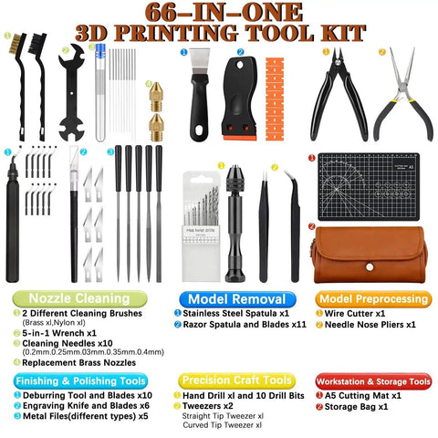 66-Piece All-In-One 3D Printer Tools Kit With Storage Case For FDM And SLA Printers Includes Deburring Tool Scrapers Metal Files Brushes Hand Drill Tweezers And More, Perfect For Bambu Lab Ender 3 Kobra, tools displayed