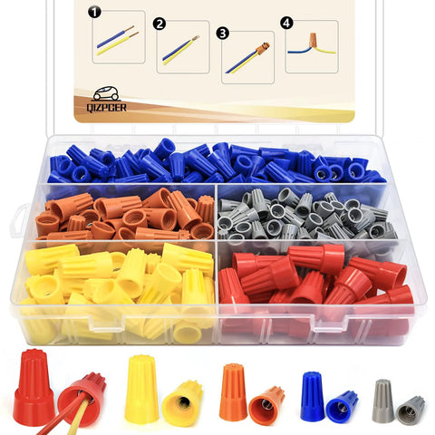 330-piece wire connector nuts kit in clear plastic case; assorted blue, yellow, orange, gray, and red twist caps