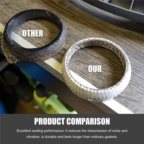 65mm graphite exhaust gasket donut for manifold and downpipe, side-by-side comparison: old gasket vs our new gasket