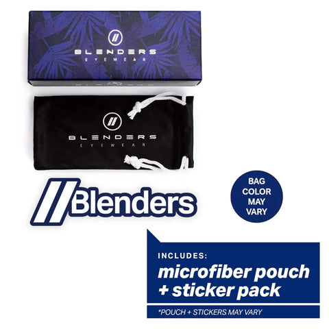 Blenders Eyewear microfiber pouch and sticker pack with logo and tropical box design included.
