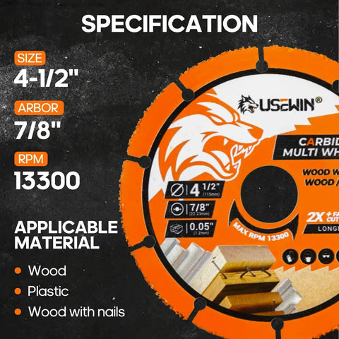 Four And A Half Inch Carbide Cut Off Wheel For Angle Grinder 2 Pack Durable Cutting Disc displaying specifications and materials