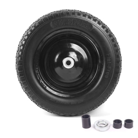 Flat Free Wheelbarrow Tire And Wheel Set, 14.5 Inch Solid Wheel With 3 Inch Hub, Universal Replacement For wheelbarrows, front view.