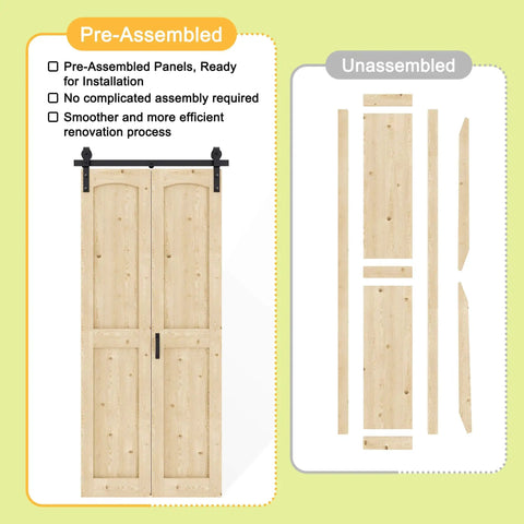 Bi-Fold Barn Door For Closets With Header Board And Hardware Kit, 50 By 84 Inches, Unfinished Spruce Wood Panel Pre-Assembled