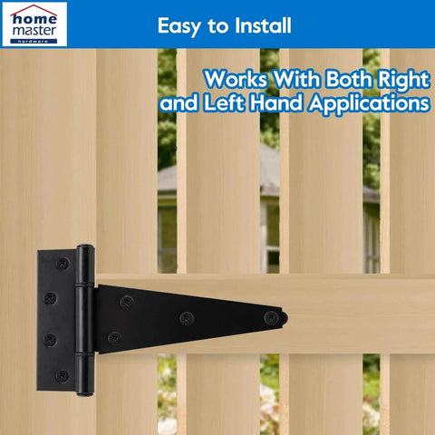 6-Inch T-Strap Heavy-Duty Shed Door Hinges Black Tee Hinge Installed on Wooden Fence with Text Overlays