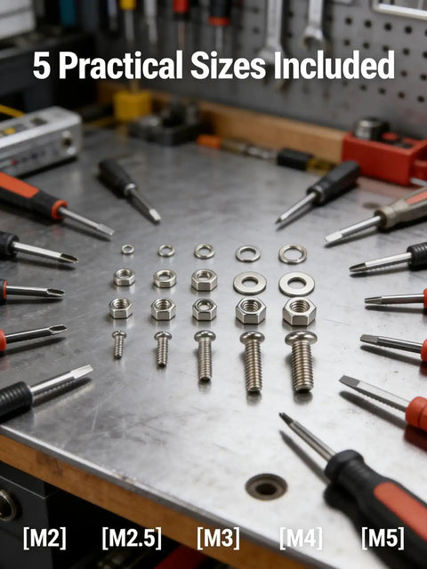 120 Piece Stainless Steel Screw Kit With M2 To M5 Hex Nuts Round Head Machine Screws Flat Washers And Spring Washers 304 Stainless Hardware Set displayed on a workbench with tools.