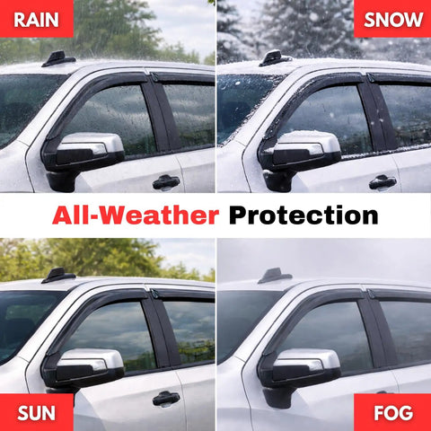 Out Channel Rain Guards Window Visors Vent Deflectors For RAM Trucks 2009 2018 RAM 1500 Crew Cab 4 Piece in various weather conditions.
