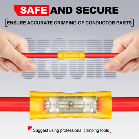 Yellow insulated butt splice connector on red wire, inner metal crimp visible for 22–16 AWG