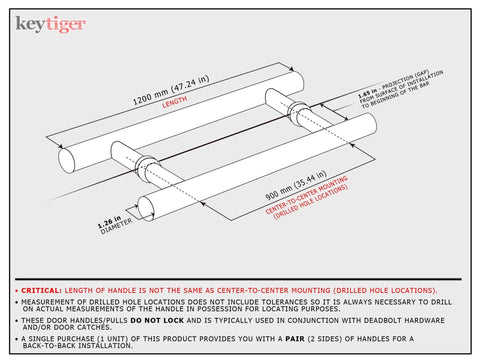 48 Inch Two Sided Modern Stainless Steel Front Door Pull Handle With Matte Black Finish diagram showing dimensions and features.