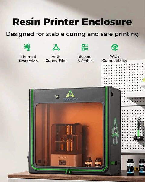 Beefed Up Extra Large Resin 3D Printer Enclosure With Fan Interface and Temperature Control on table, showcasing design features