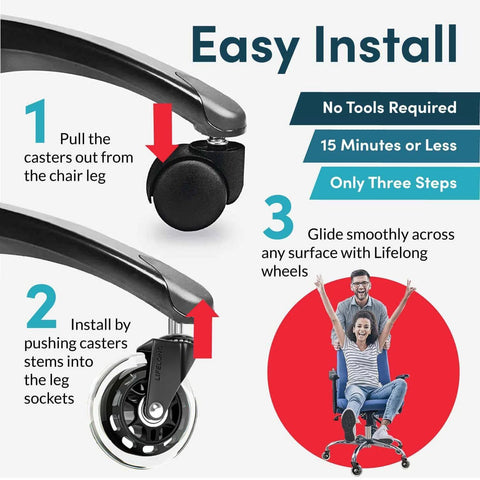 Illustration showing easy installation of casters on chair legs, featuring steps to pull out and insert casters, with people enjoying smooth glide.