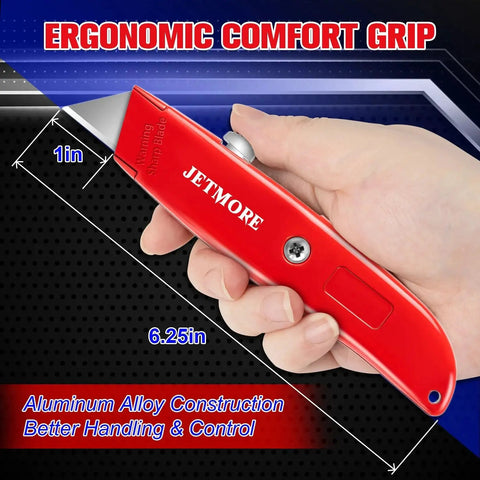 Heavy Duty Box Cutter Set Jetmore Retractable Utility Knife With 10 Extra Blades All Metal Aluminum Alloy Body SK5 Steel Blade