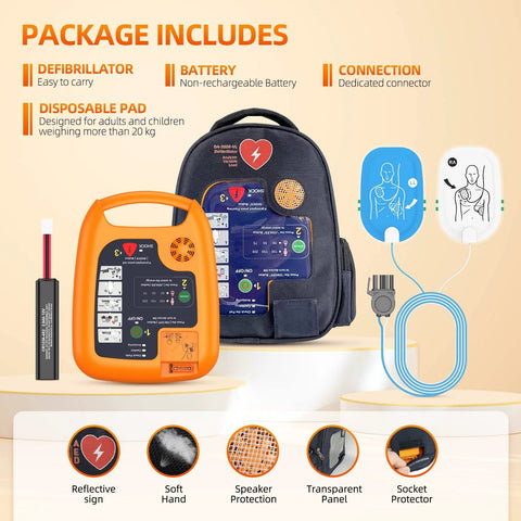 Portable AED Defibrillator Package Includes Defibrillator, Battery, Connection Cables for Home, Gym, Subway, and Workplace Use