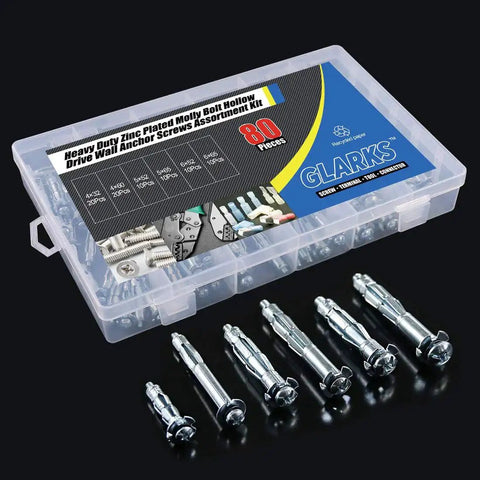 Heavy Duty Zinc Plated Steel Molly Bolt Wall Anchors Assortment Kit 80Pcs In 6 Sizes For Drywall Plaster And Tile with storage box