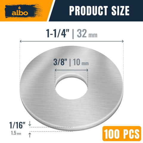 ALBO stainless steel flat washer, 3/8 in hole, 1-1/4 in outer diameter, for bolts and screws, 100 pcs