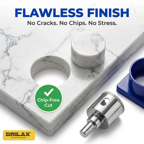 1-3/8 Inch Diamond Hole Saw Kit With Water Delivery And Guide For Granite And Quartz Countertops Ceramic Porcelain And Glass Tile Drill Bit Heavy Duty 3/8 Inch Shank Beast Mode Drilax next to drilled countertop sample showing chip-free cut