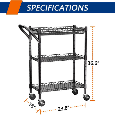 Three Tier Heavy Duty Rolling Utility Cart With Industrial Metal Frame And Handle Bar 18 In Deep By 23.8 In Wide By 36.6 In High