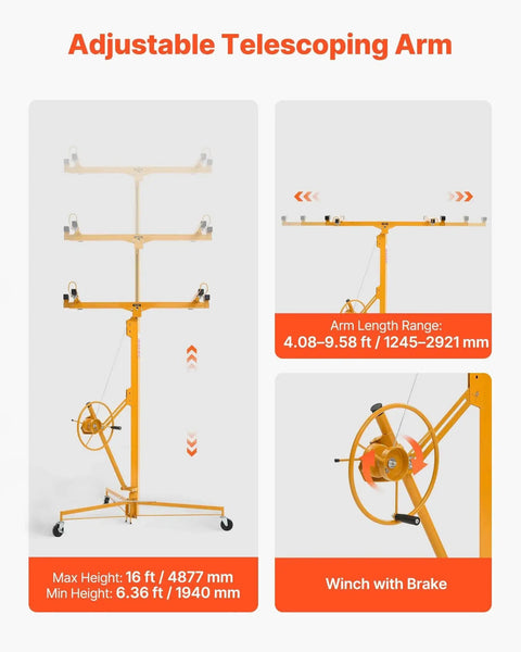Yellow VEVOR drywall lift with adjustable telescoping arm, lockable wheels and winch, front/side views.
