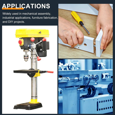 Drill press and hands assembling furniture with a screwdriver, industrial machinery, showcasing applications for 55 Pieces Dowel Pins M4 X 14mm.