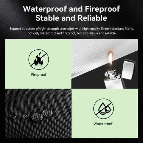 Waterproof and fireproof features of integrated laser engraver enclosure fabric with flame retardant demonstration and water resistance test.