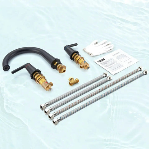 Matte Black Three Hole Widespread Deck Mount Tub Faucet Set With Premium Brass Valve Ceramic Disc Cartridge Backflow Check Valve