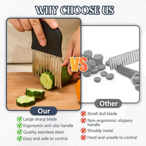 Comparison of stainless steel crinkle cutter for fries and veggies large wavy French fry slicer with non-slip handle versus other slicer.