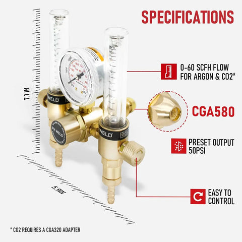Dual Output Argon Regulator Flow Meter for MIG/TIG welding with CGA580 inlet, 5/8 UNF RH outlet and 0-60 CFH, RX WELD specs guide