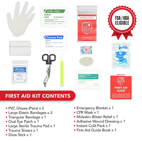 Contents of the Durable 2 In 1 First Aid Kit For Car Travel Home And Business With 348 Pieces In A Heavy Duty Hard Case.