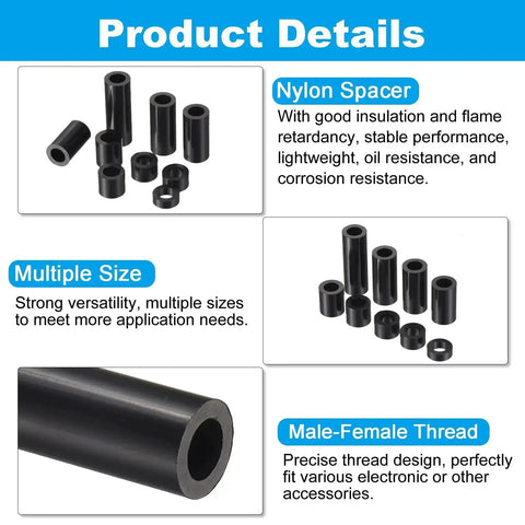 M5 Nylon Spacer Kit 100Pcs Non Threaded ABS Round Spacers Standoffs For PCB Motherboard Circuits Switch Receptacle Black Assortment With 9mm To 25mm Lengths