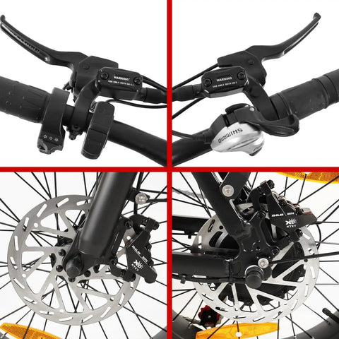 Hydraulic disc brake kit for e-bike, front and rear, 180mm rotors, black calipers and levers with silver rotors