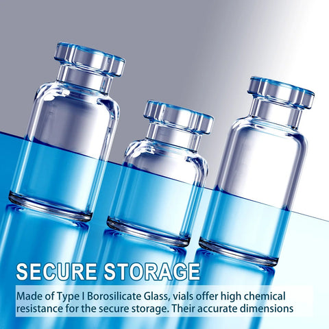 Vials: three clear 10ml glass vials with blue plastic caps for lab storage