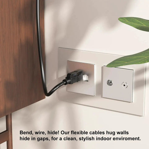 Outdoor Cat6 Ethernet Cable 200 Ft 24 AWG Copper connected to wall outlet, shown installed in stylish indoor setting.