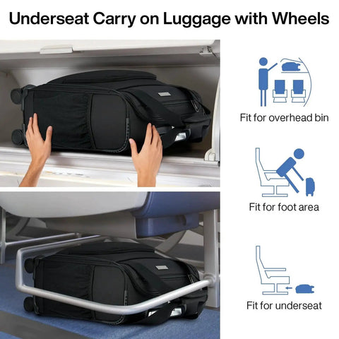 Black underseat carry on luggage with wheels placed in overhead and underseat spaces, demonstrating compact storage. Airline approved 16 inch.