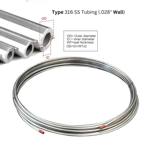 OD 50 Foot Stainless Steel Tubing Coil Type 316 316L Dual Certified, 0.028 Inch Wall, round coil, suitable for fluid and gas transport