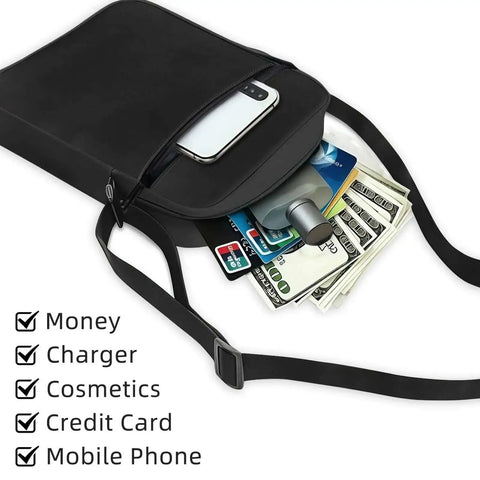 Open view of Hands Free Crossbody Sling Bag For Women And Men Ultra Lightweight Everyday Chest Pack With Adjustable Strap and Zipper, showing contents like money, phone, and cards.