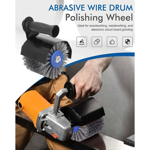 M10 Handheld Burnishing And Polishing Tool in use with wire drum attachment for metal, wood, electronics polishing