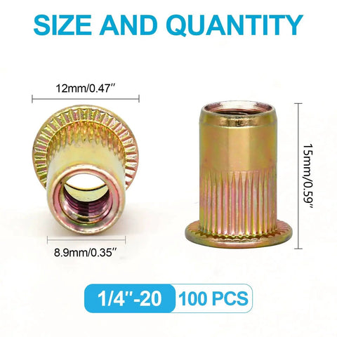 Rivet Nuts Kit 100 Pcs 1 4 20 UNC Zinc Plated Carbon Steel Nutserts showing front and side view, dimensions listed.
