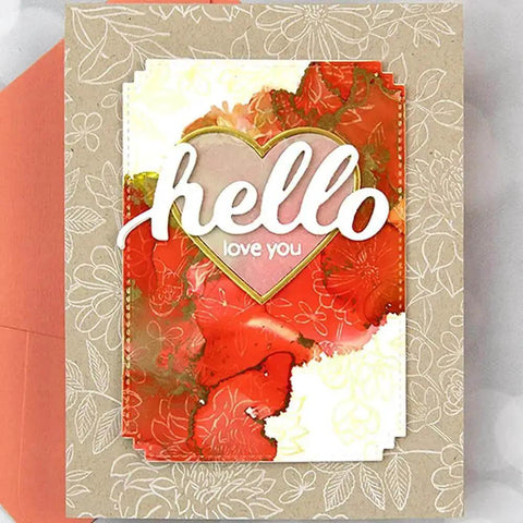 Handmade card with "hello love you" over a 7 Piece Rectangle Frame Die Cut Set With Stitched Nesting Frames, floral background.
