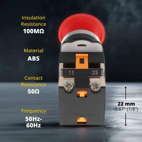Front view of 22mm Control Station Box Set component, highlighting insulation and contact resistance, material ABS, showing dimensions.