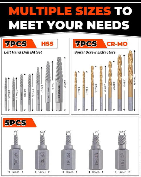 19 Piece Screw Extractor And Left Hand Drill Bit Set With HSS Steel Reverse Drill Bits For Removing Stripped Damaged Screws Bolts Nuts Easy Out Stuck Fasteners And Broken Studs with multiple sizes displayed