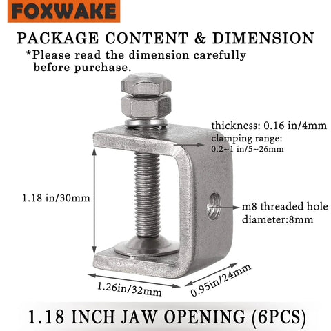 Foxwake stainless steel mini C-clamp, 1 inch jaw opening, heavy‑duty mounting clamp, 6pcs