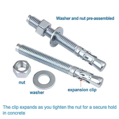 Wedge Anchor For Concrete One Quarter Inch Diameter By Two And One Quarter Inch Length Zinc Plated Heavy Duty Carbon Steel Fasteners, 20 Pieces displayed with washer and nut.