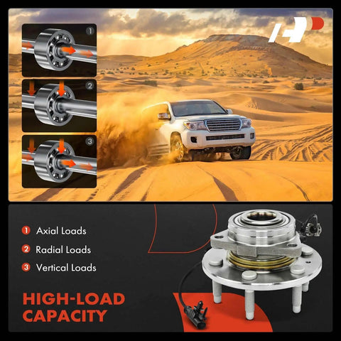 Front Wheel Bearing Hub Assembly For 4WD Chevy Silverado 1500 Tahoe Suburban Avalanche GMC Sierra 1500 Yukon XL 1500 Cadillac Escalade ESV EXT With Six Lug And ABS showcasing high-load capacity and load types, set against a desert driving scene.