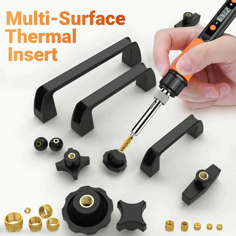 Close-up of All In One Heat Set Threaded Inserts Kit With 300Pcs M2 M3 M4 M5 M6 M8 Inserts 100W Digital Soldering Iron Stand And Tweezers