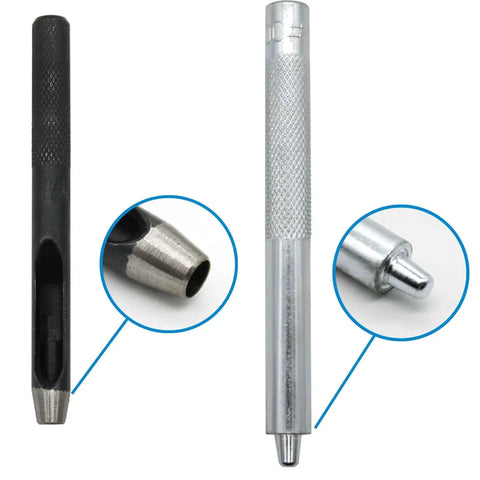 Close-up of grommet tools from the Must Have Reinforced Grommet Kit Set For DIY Projects 200 Pieces With 3 By 16 Inch Brass Eyelets