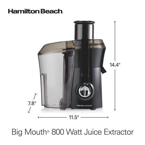 Front view of Hamilton Beach Big Mouth 800W juice extractor in black with clear pulp container and wide 3-inch feed chute