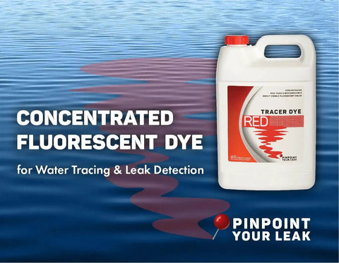 Red Tracer Dye Concentrate for Water Tracing and Leak Detection jug on a water background, showing branded label and red liquid