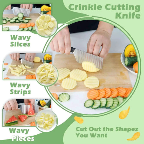 Person using Crinkle Cut Knife For Veggies And Fries With Ergonomic Handle Stainless Steel Veggie Cutter to slice vegetables on a cutting board.
